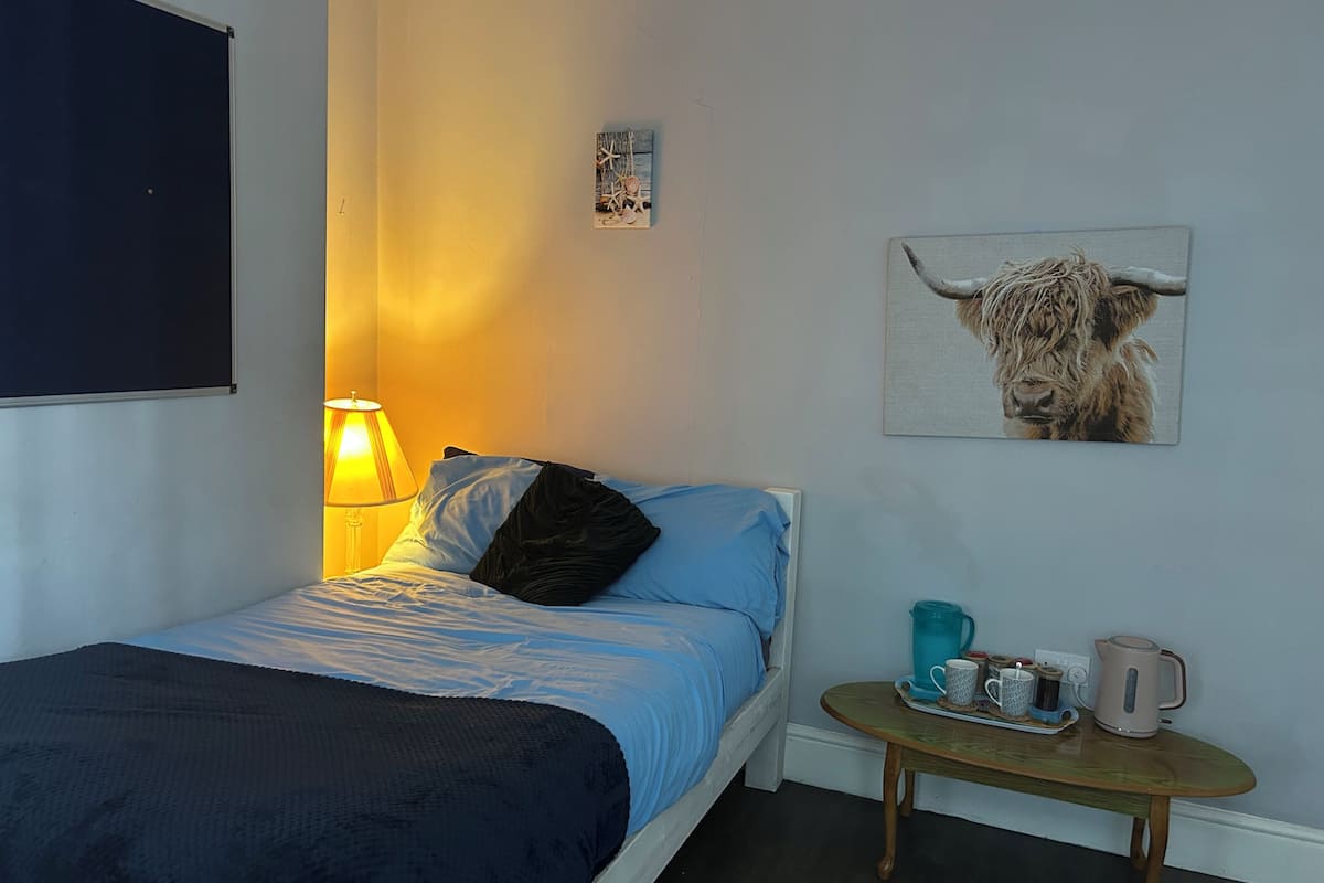 A bedroom with a bed, a lamp, a painting of a yak, and a small table with a kettle and cups.