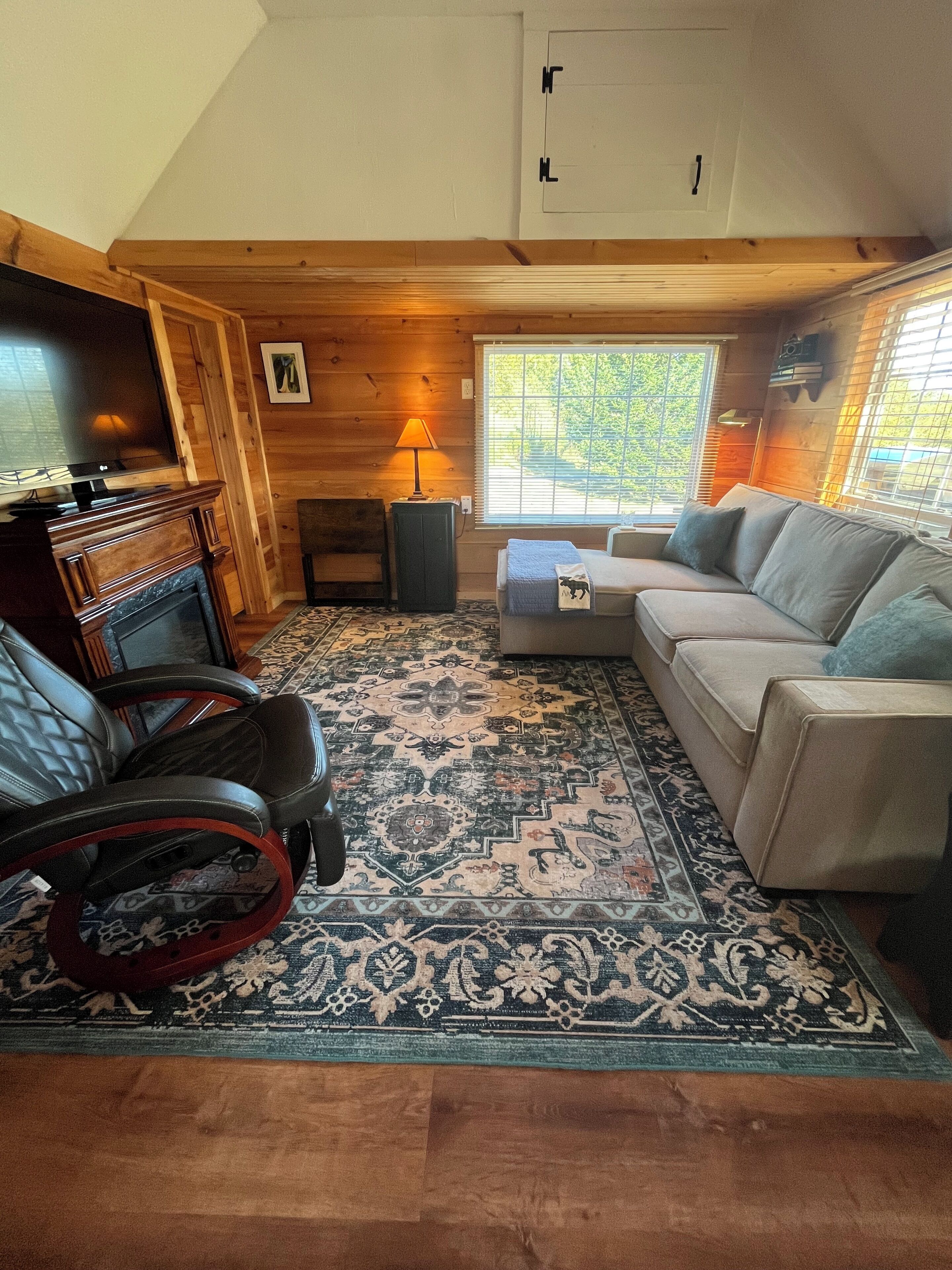 Smart TV, fireplace, DVD player, books