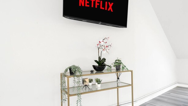 Una sala de estar moderna con una mesita consola de vidrio, un televisor negro montado en la pared y diversas plantas en macetas.