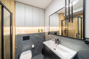 Appartement Premium, vue ville, en bord de plage | Salle de bain | Douche, sèche-cheveux, serviettes fournies, savon