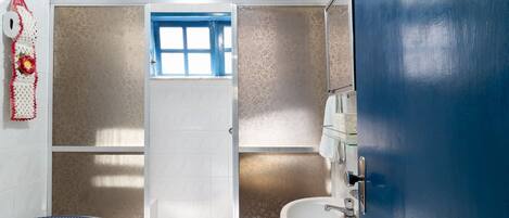 Une salle de bain avec une douche, un lavabo et une porte bleue.