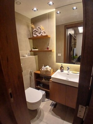 Hair dryer, towels, soap, toilet paper