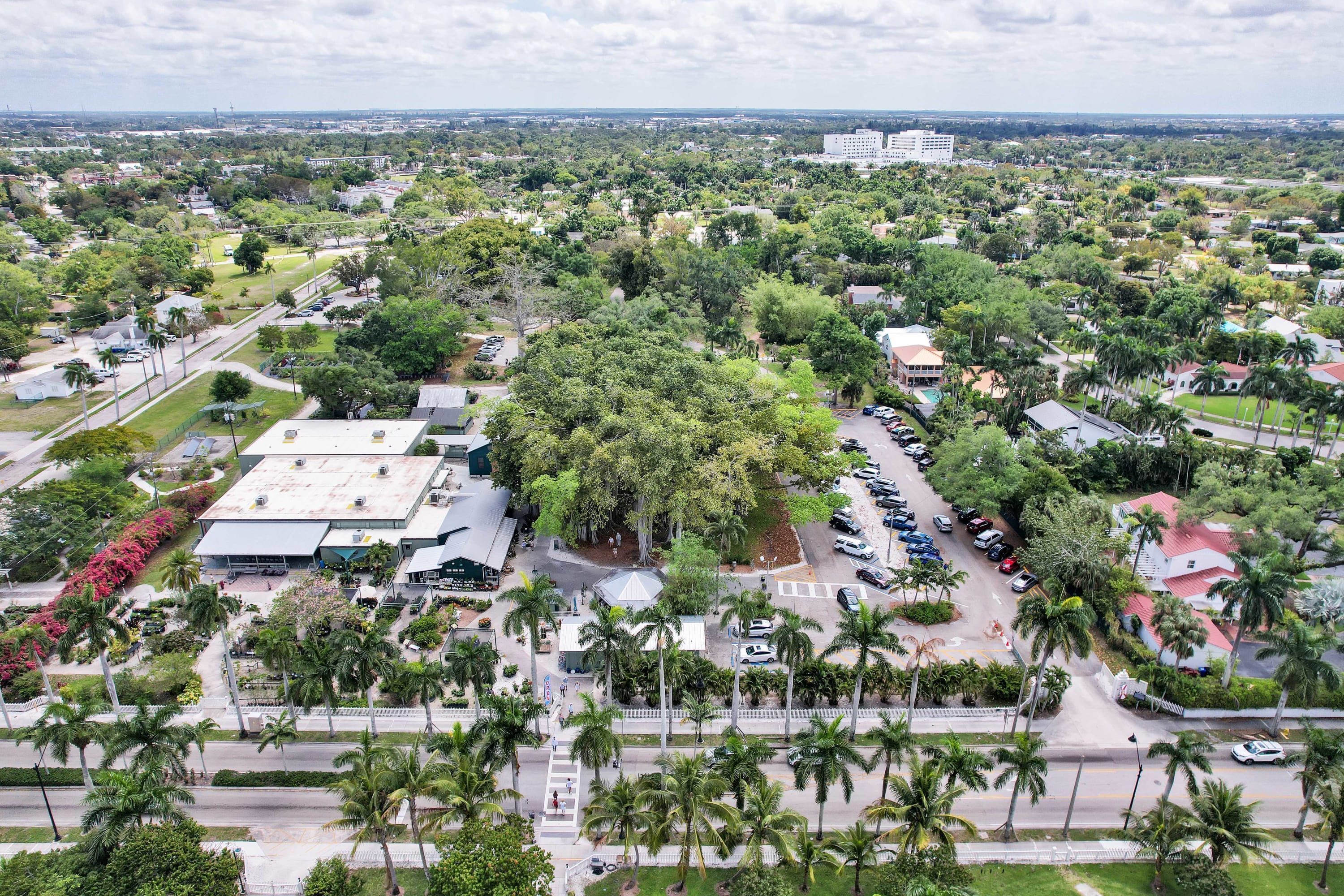 Vista aérea de una zona residencial con varios edificios, carreteras y palmeras.