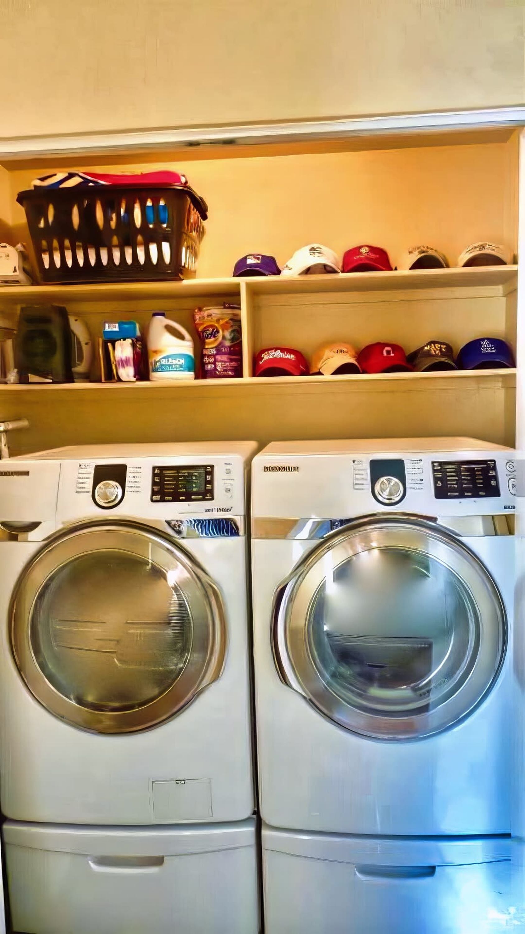 Two front-loading washing machines with control panels, a basket, and shelves with hats and laundry supplies.