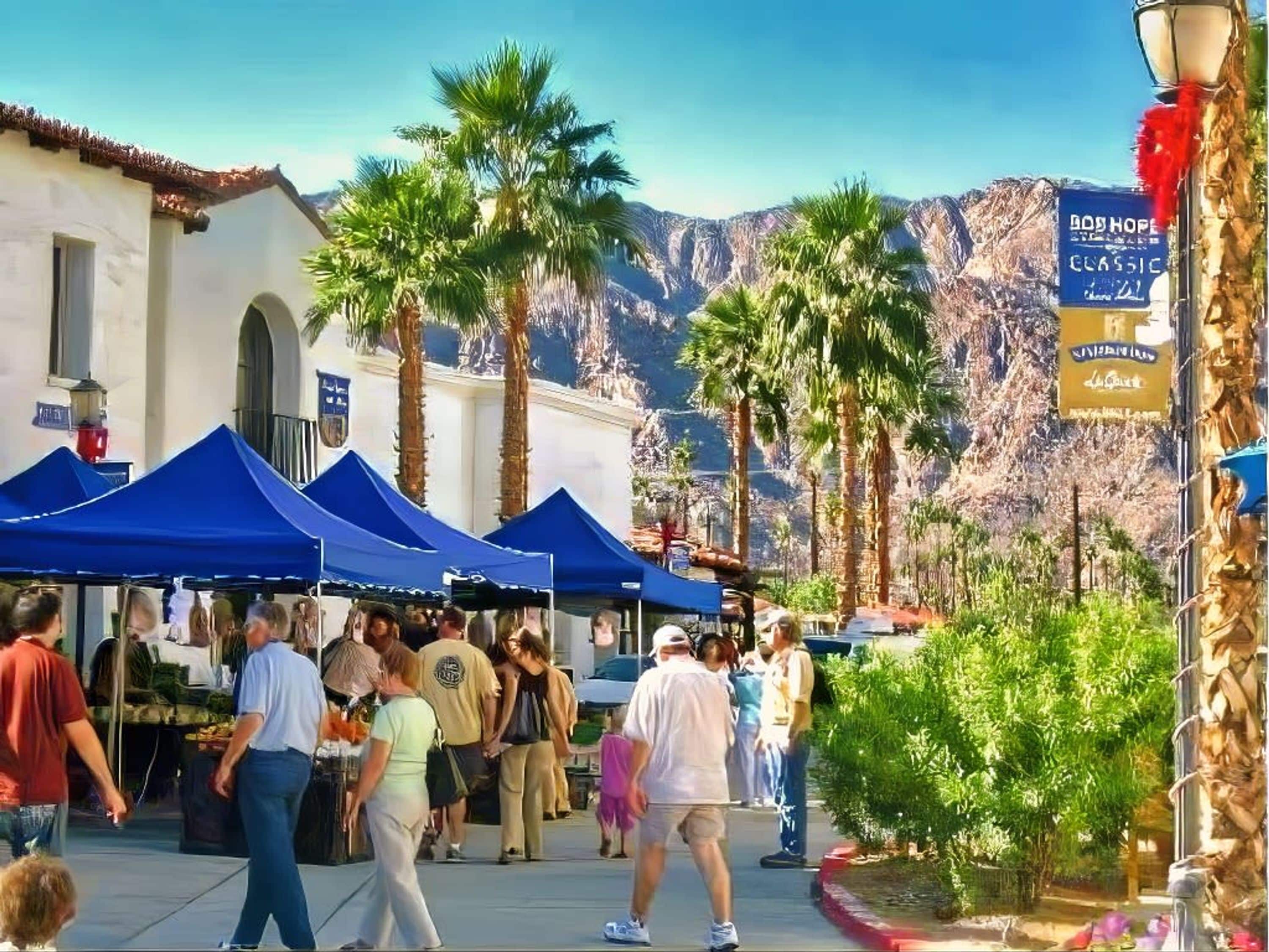 A street market with blue tents, palm trees, and a mountainous backdrop.