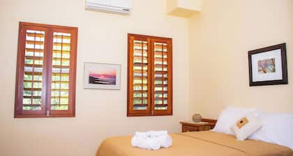 Queen-size bed, with a private bathroom, a walk-in shower and closet.