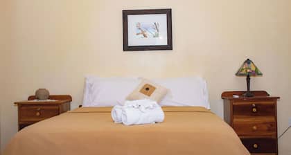 Queen-size bed, with a private bathroom, a walk-in shower and closet.