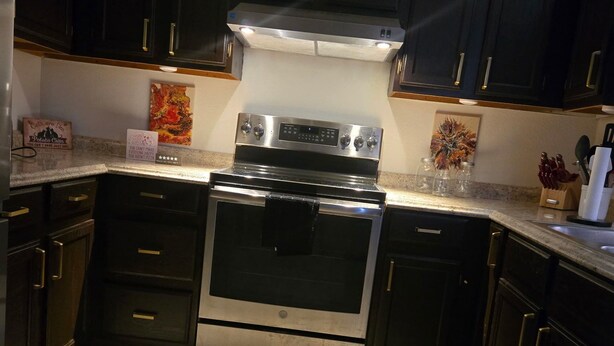 Une cuisine avec des meubles de couleur sombre, une cuisinière en acier inoxydable et un sol carrelé.