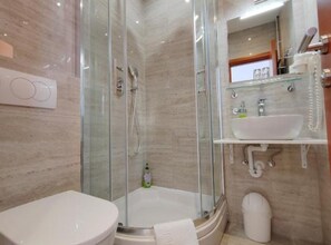 Shower, hair dryer, towels