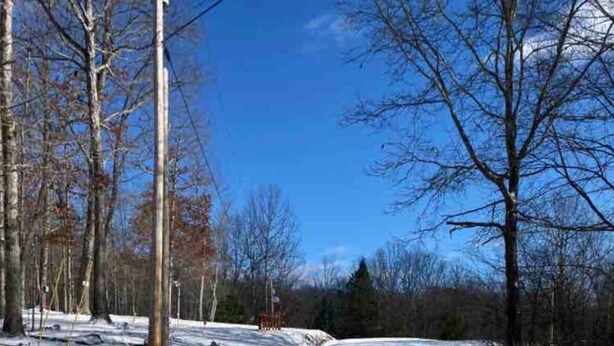 A snow-covered road with trees and utility poles. - Slumber Road RV Camper (Jamestown)