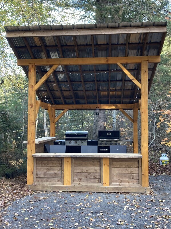A wooden barbecue structure with a metal roof, surrounded by trees and fallen leaves.