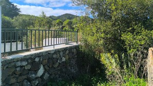 Un ponte di pietra con ringhiera metallica, immerso nel verde e con colline sullo sfondo.