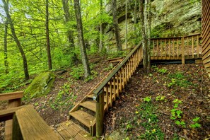 A wooden staircase leading up a forested area with a wooden railing.