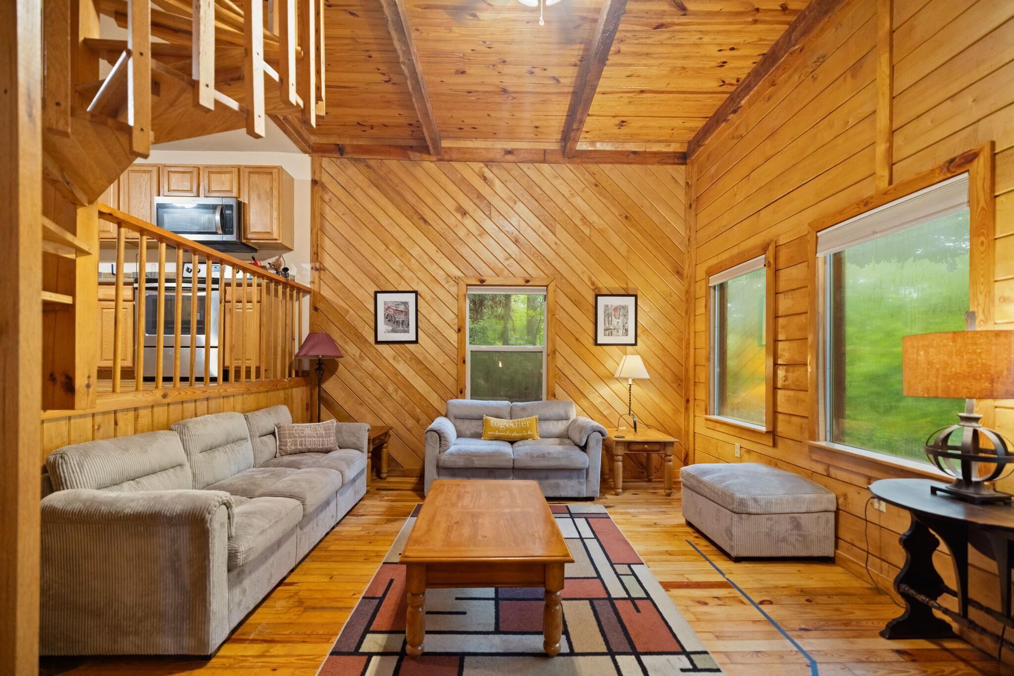 Interior acogedor de una cabaña con detalles de madera, un conjunto de sofás, una mesa de comedor y una zona de cocina con microondas.