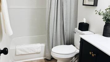 Hair dryer, towels, soap, shampoo