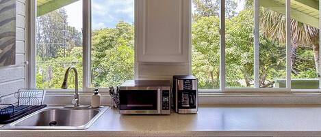 Fridge, microwave, coffee/tea maker, electric kettle