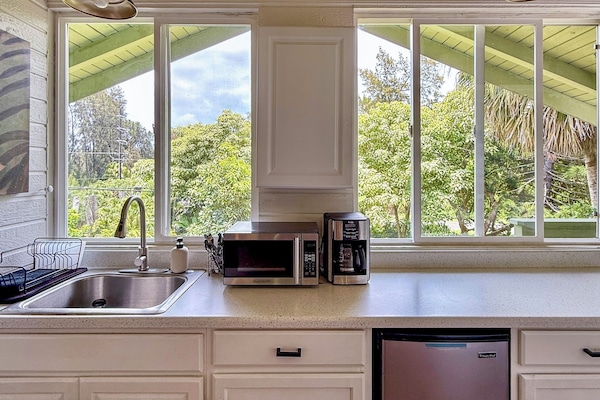 Fridge, microwave, coffee/tea maker, electric kettle