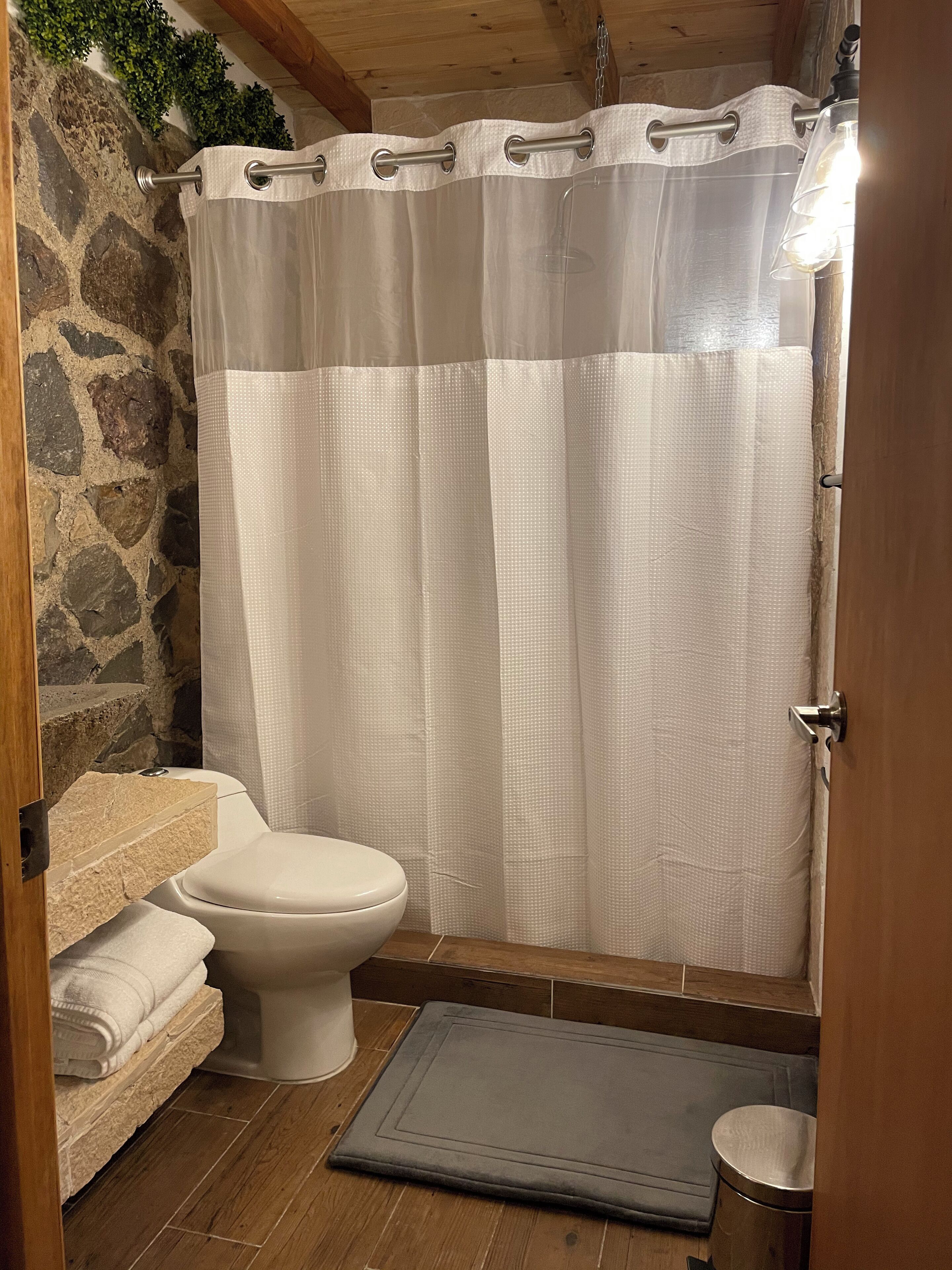 A bathroom with a stone wall, a toilet, a shower curtain, and a small rug.