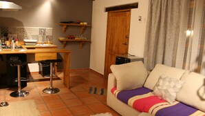 Een ruimtelijk ingerichte leefruimte met een kitchenette, een bank met een kleurrijk plaid en een houten deur.