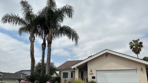 Ein Bungalow mit Garage, umgeben von einem gepflegten Garten mit Palmen und blühenden Pflanzen.