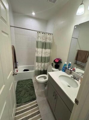 Hair dryer, towels, soap, toilet paper