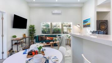 Smart TV, fireplace, books