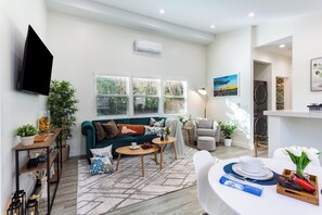 Smart TV, fireplace, books