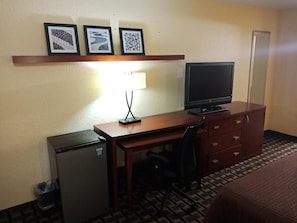 Desk, laptop workspace, blackout curtains, iron/ironing board