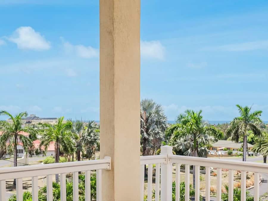 A balcony with a view of a coastal area, palm trees, and buildings in the distance.