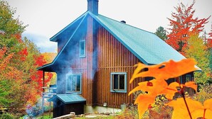 A wooden house with a blue roof surrounded by autumn foliage.