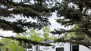 Un barbecue au gaz portatif avec ses commandes, une table de pique-nique et, au fond, un véhicule récréatif.