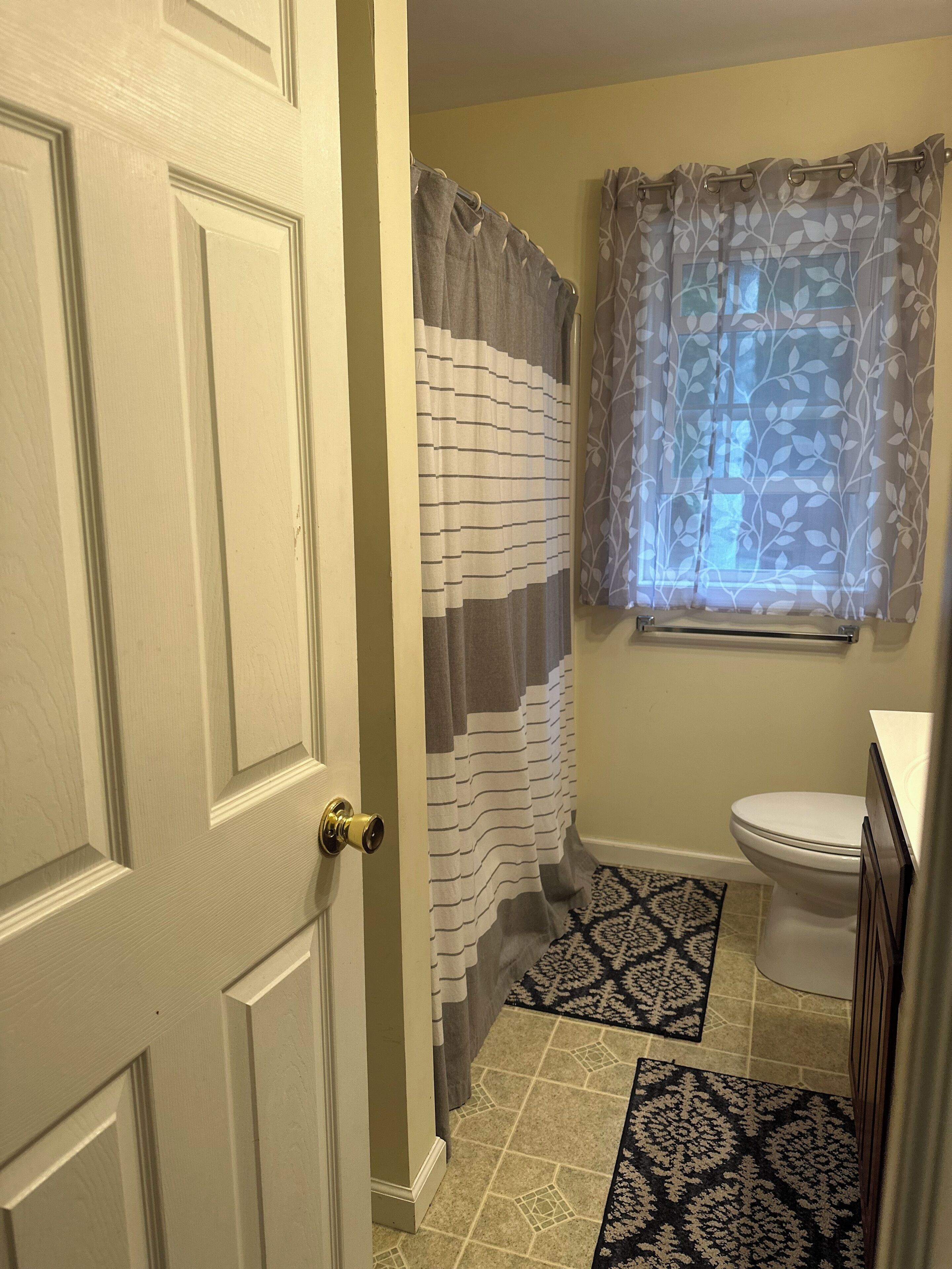 A bathroom with a toilet, a shower curtain, and a patterned rug.