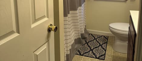 A bathroom with a toilet, a shower curtain, and a patterned rug.