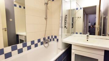 Hair dryer, towels, soap, toilet paper