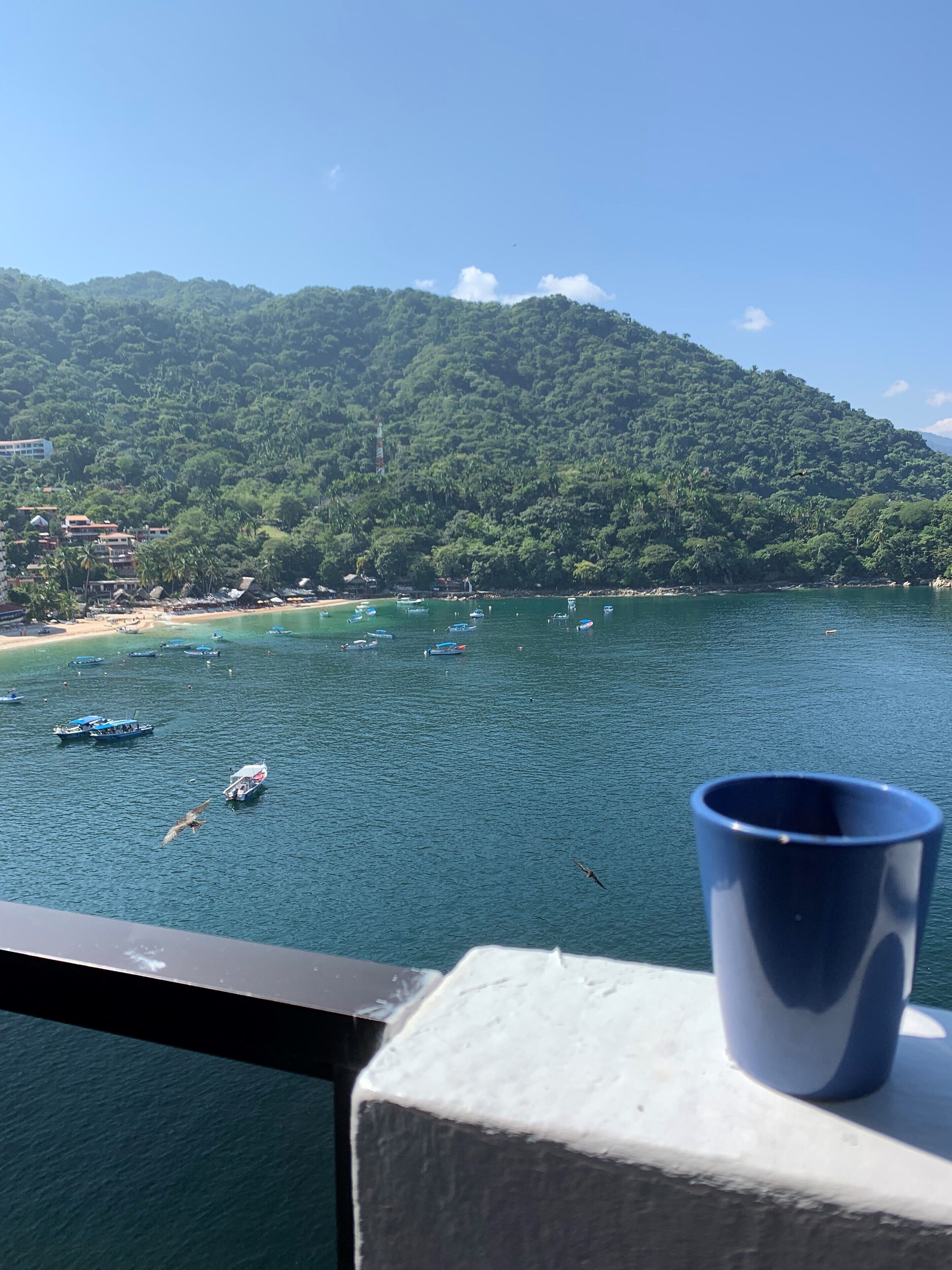 A view of a coastal area with boats on the water, a mountain in the background, and a blue cup on a railing.