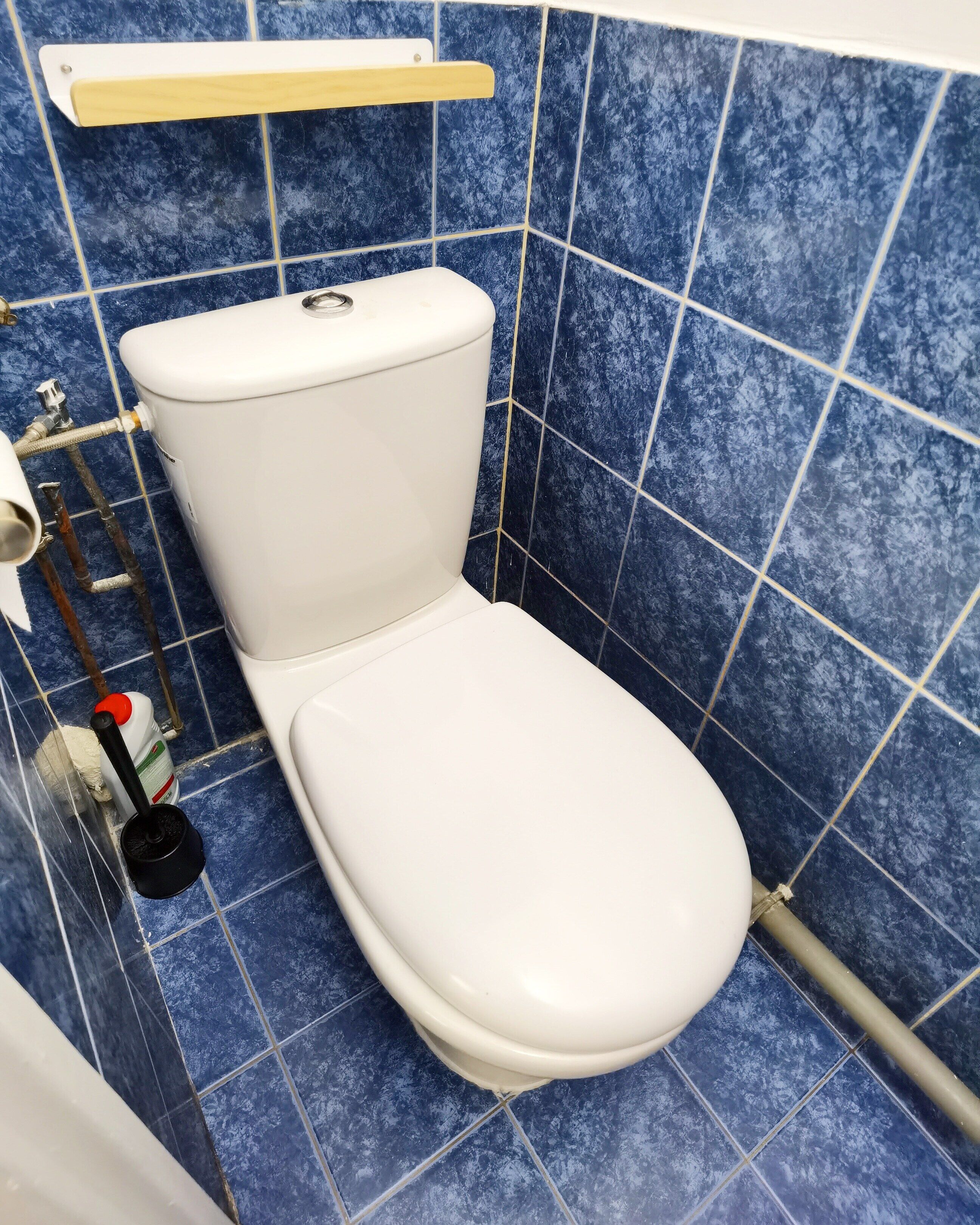A bathroom with a white toilet, blue tiles, a toilet paper holder, and a plunger.