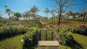 A garden pathway leading to a gate, surrounded by various plants and trees. -  Luxury Beachfront Villa with Direct Beach Access. Hacienda Pinilla. Tamarindo. (Tamarindo)