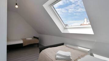 A small, modern bedroom with a skylight, a bed, a bedside table, and a radiator.