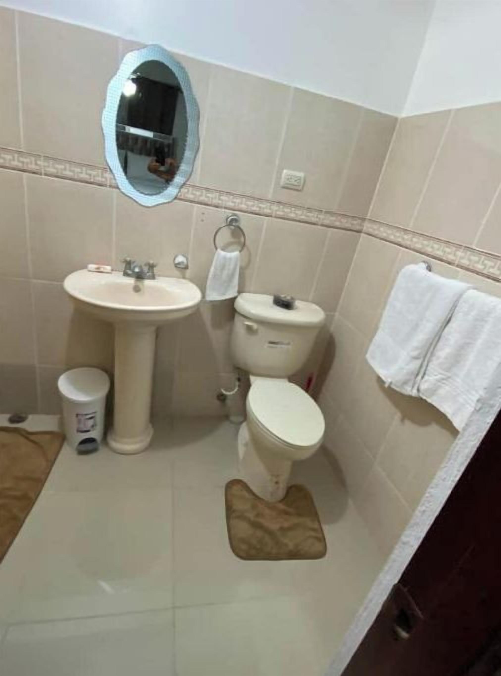 A bathroom with a sink, toilet, and mirror.
