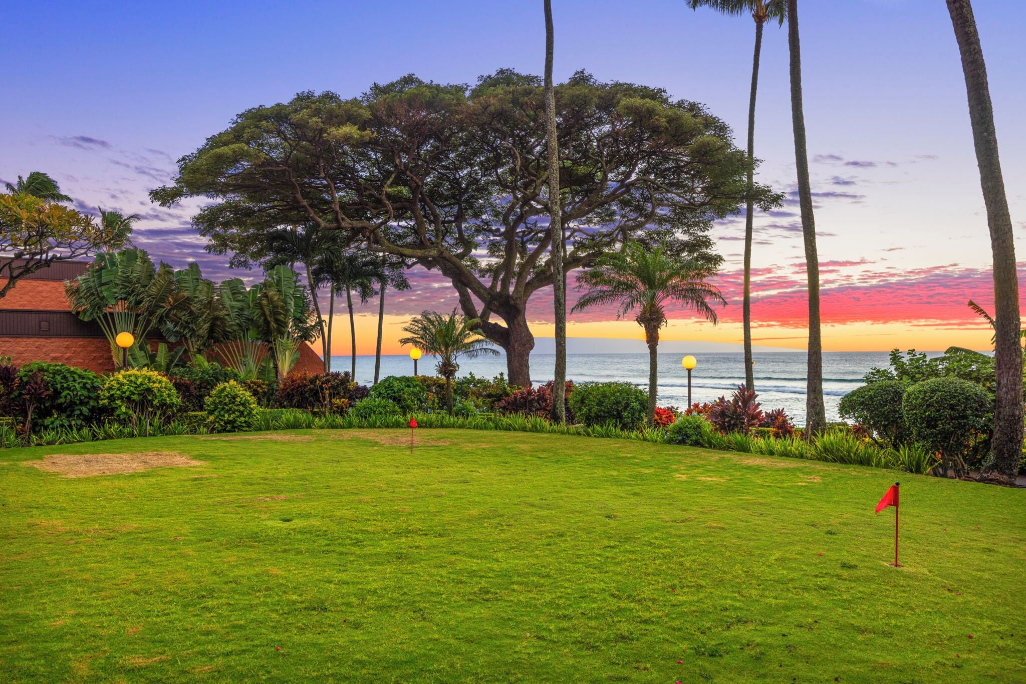 A golf course with a flag, palm trees, and a sunset view.