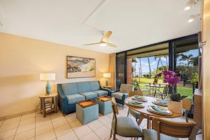 Condo, 1 Bedroom, Lanai, Partial Ocean View | Living area | 36-inch LCD TV with cable channels