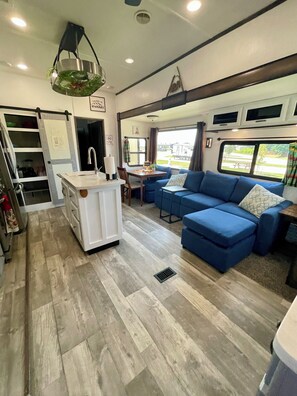 Smart TV, fireplace, DVD player, books