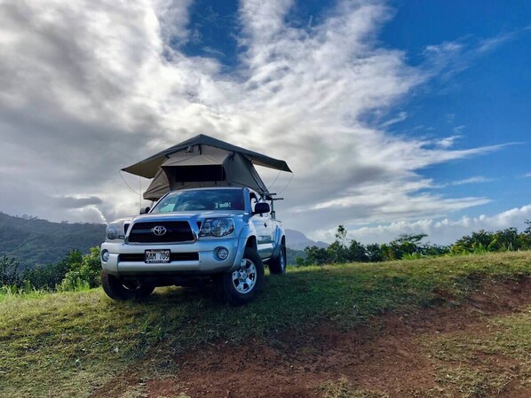 Ein weißer Toyota Pickup mit Aufbau, geparkt auf einem grasbewachsenen Hügel vor einer Bergkulisse.