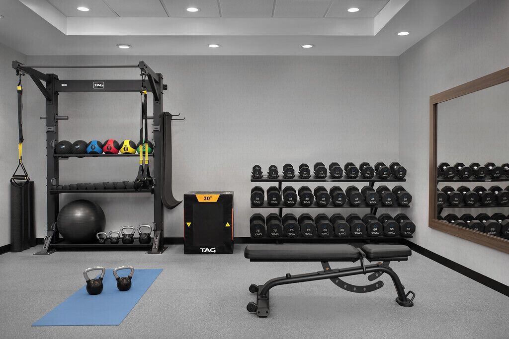 Un gimnasio con una estructura para sentadillas, picos de mancuerna, un banco y una pared llena de mancuernas.