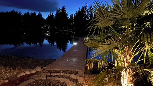 A nighttime lakeside walkway with a stone path, palm tree, and a dock extending into the water.