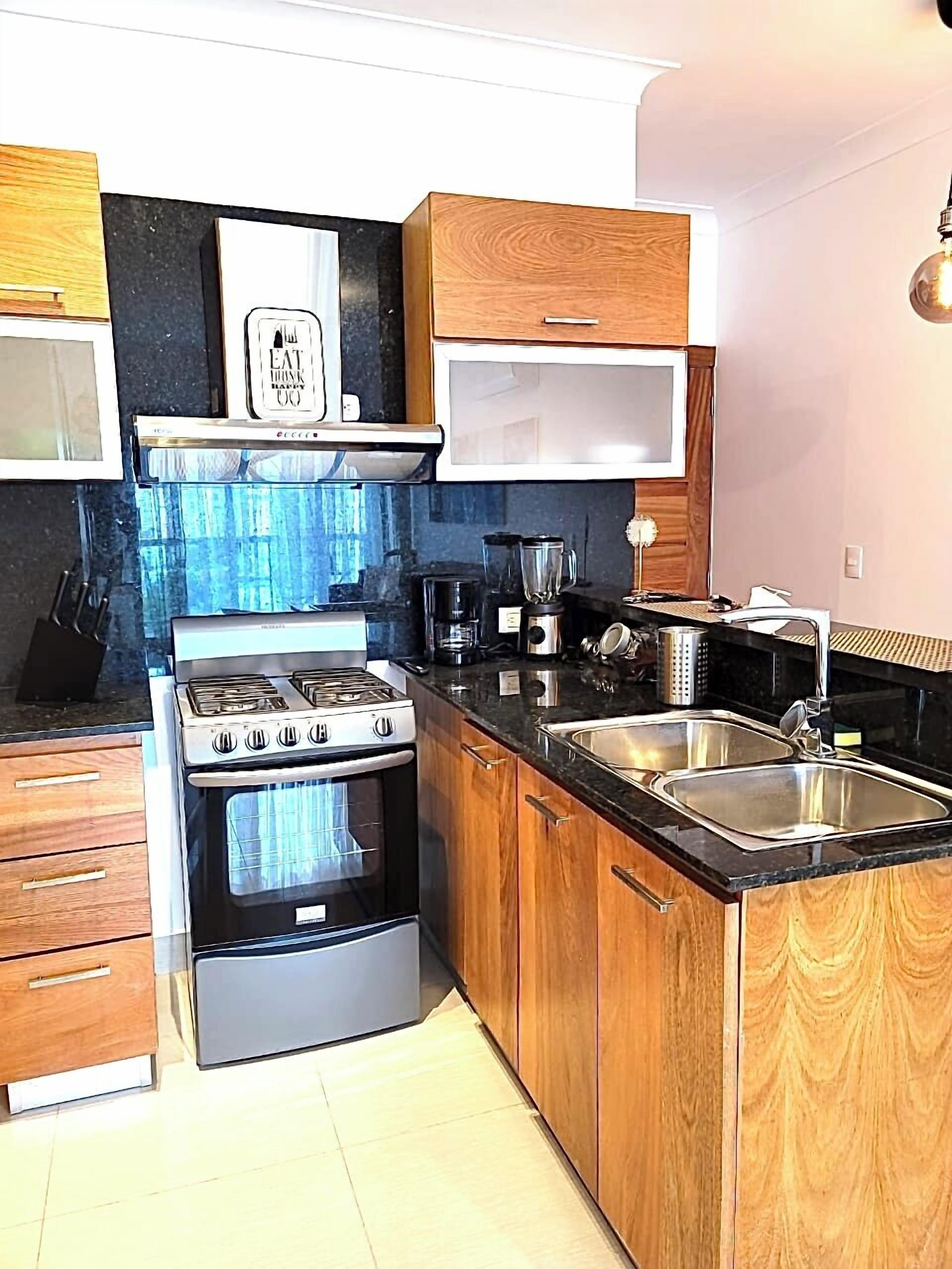 Deluxe appartement, uitzicht op de stad | Privékeuken | Een koelkast met diepvriezer, een microgolfoven, een oven, een kookplaat