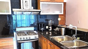 Deluxe appartement, uitzicht op de stad | Privékeuken | Een koelkast met diepvriezer, een microgolfoven, een oven, een kookplaat