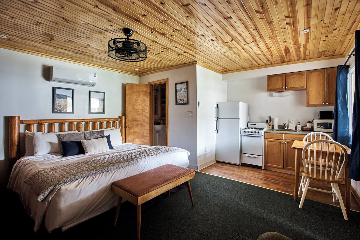 Una camera da letto con soffitto in legno, un letto con una panca, e un angolo cottura piccolo dotato di frigorifero, fornelli e microonde.