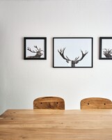 Zona pranzo con tavolo e sedie in legno, e tre corna di cervo appese al muro.