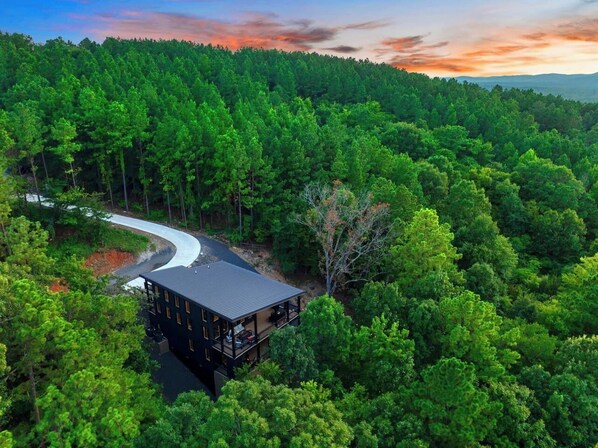 Une cabane moderne, entourée d’une forêt dense, accessible par un chemin sinueux.